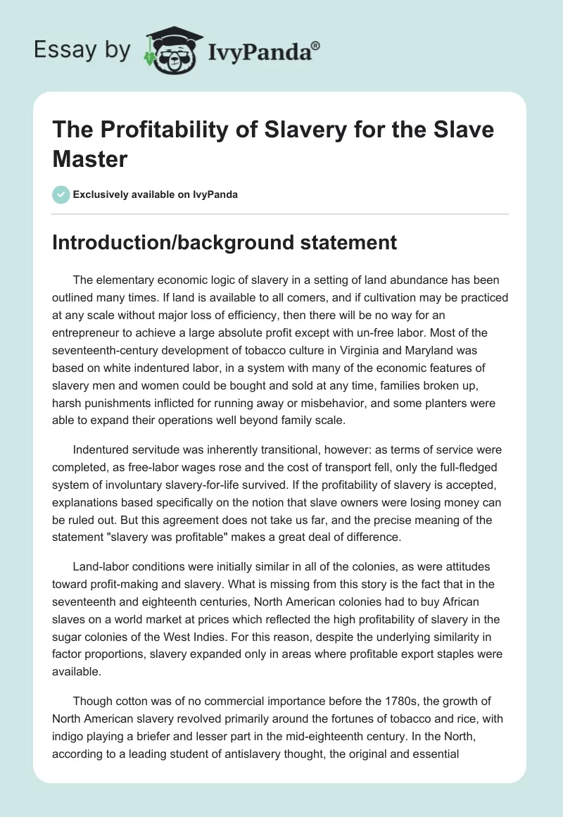 The Profitability of Slavery for the Slave Master. Page 1