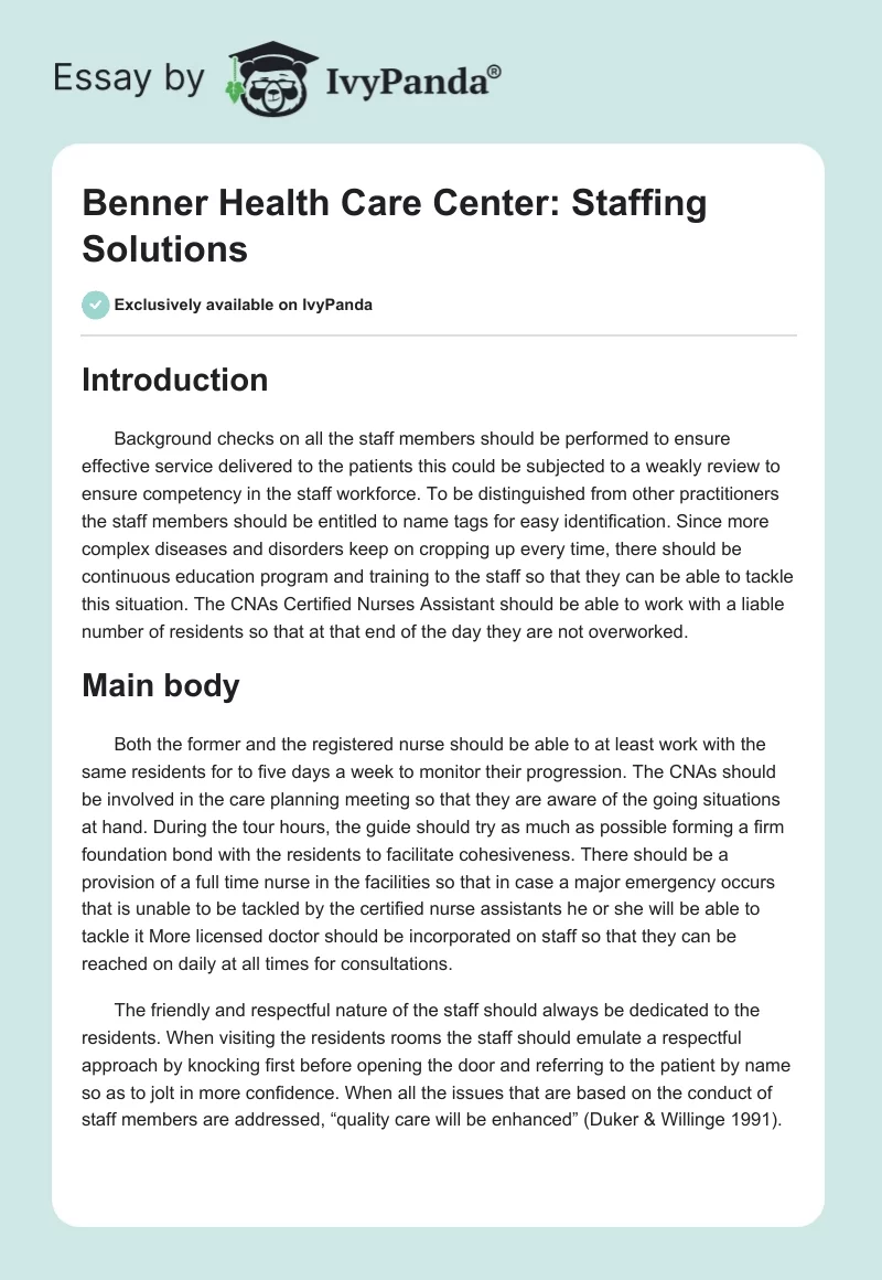 Benner Health Care Center: Staffing Solutions. Page 1
