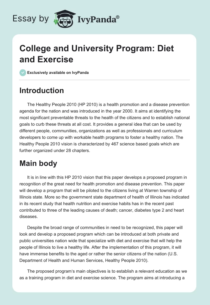 College and University Program: Diet and Exercise. Page 1