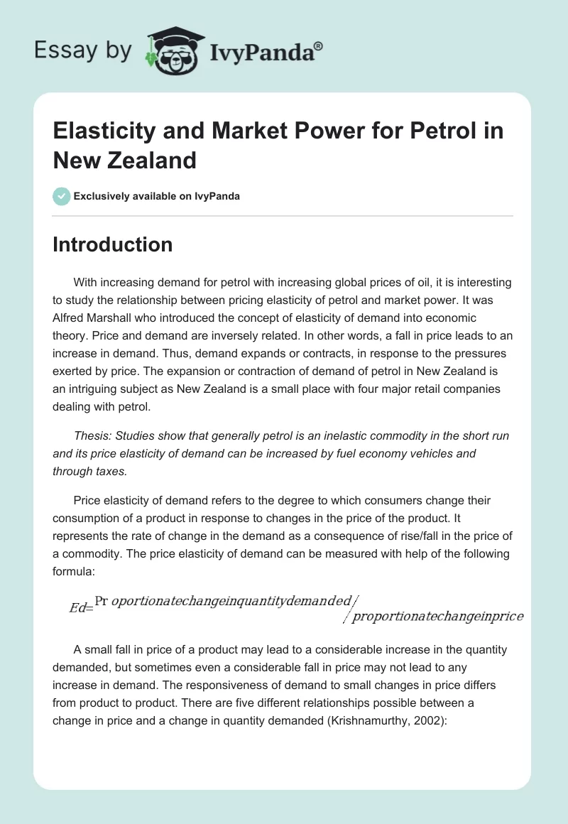 Elasticity and Market Power for Petrol in New Zealand. Page 1