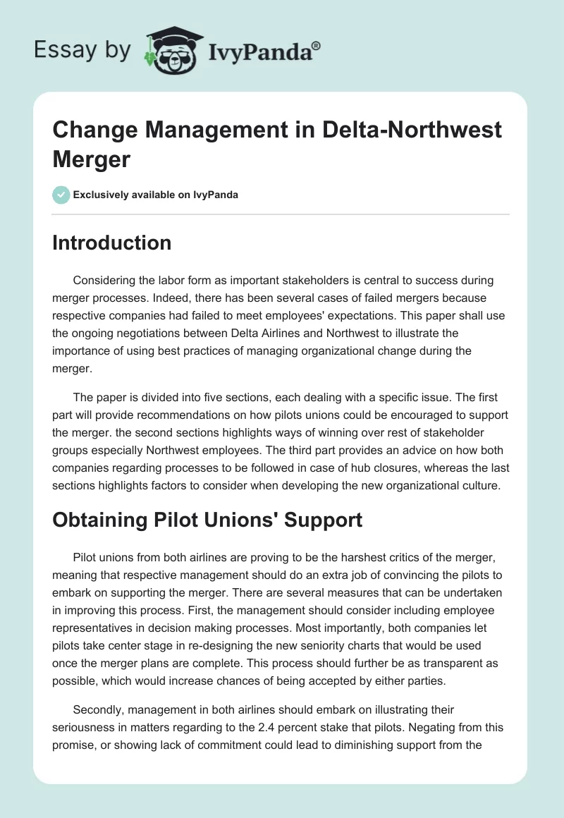 Change Management in Delta-Northwest Merger. Page 1