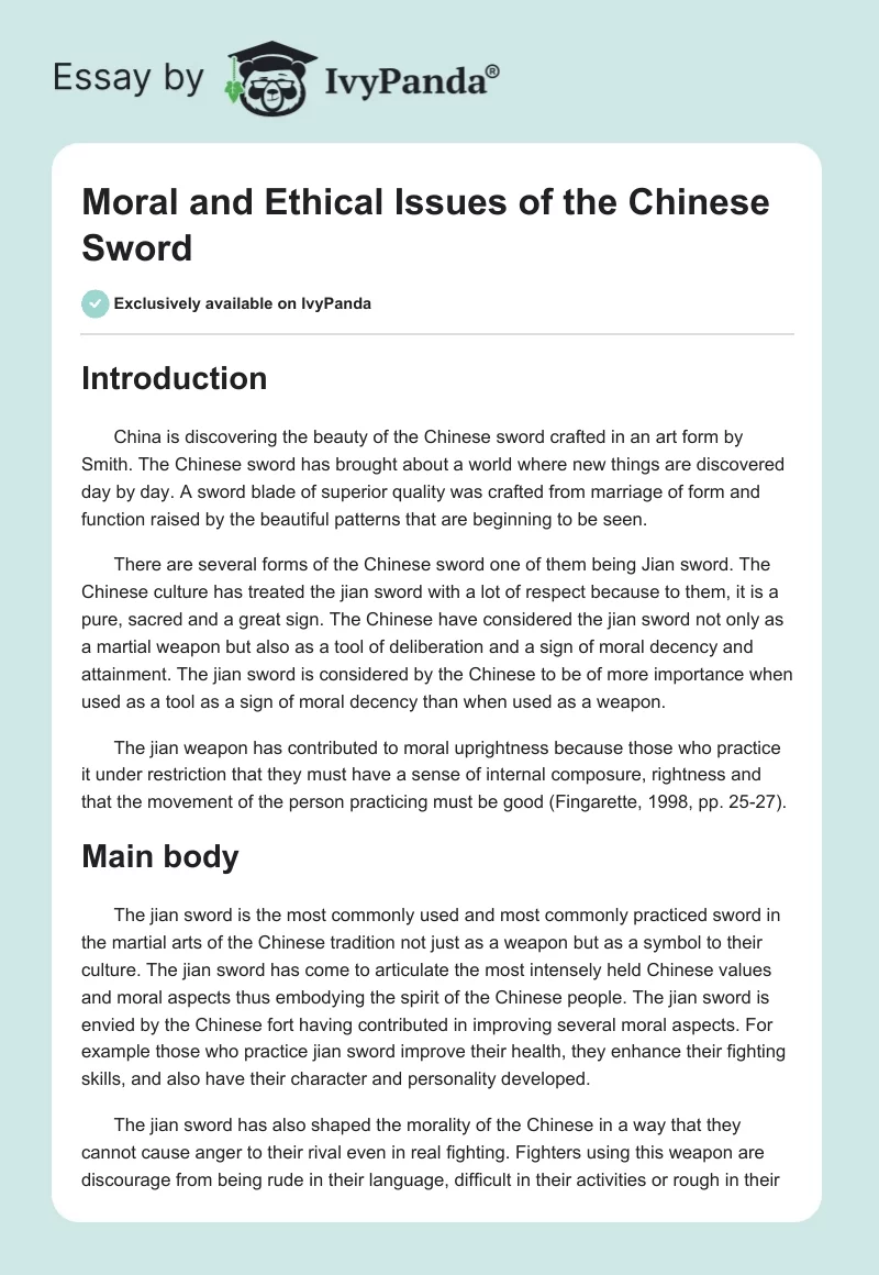 Moral and Ethical Issues of the Chinese Sword. Page 1