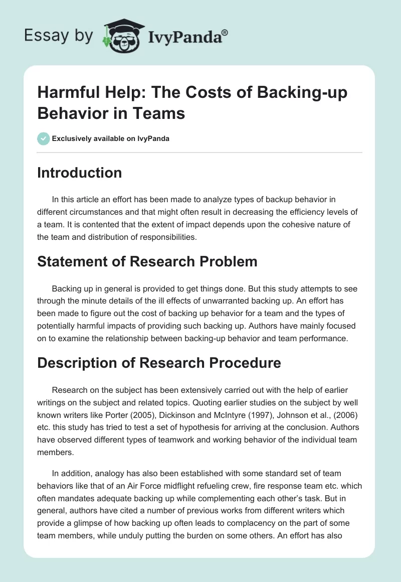 Harmful Help: The Costs of Backing-up Behavior in Teams. Page 1
