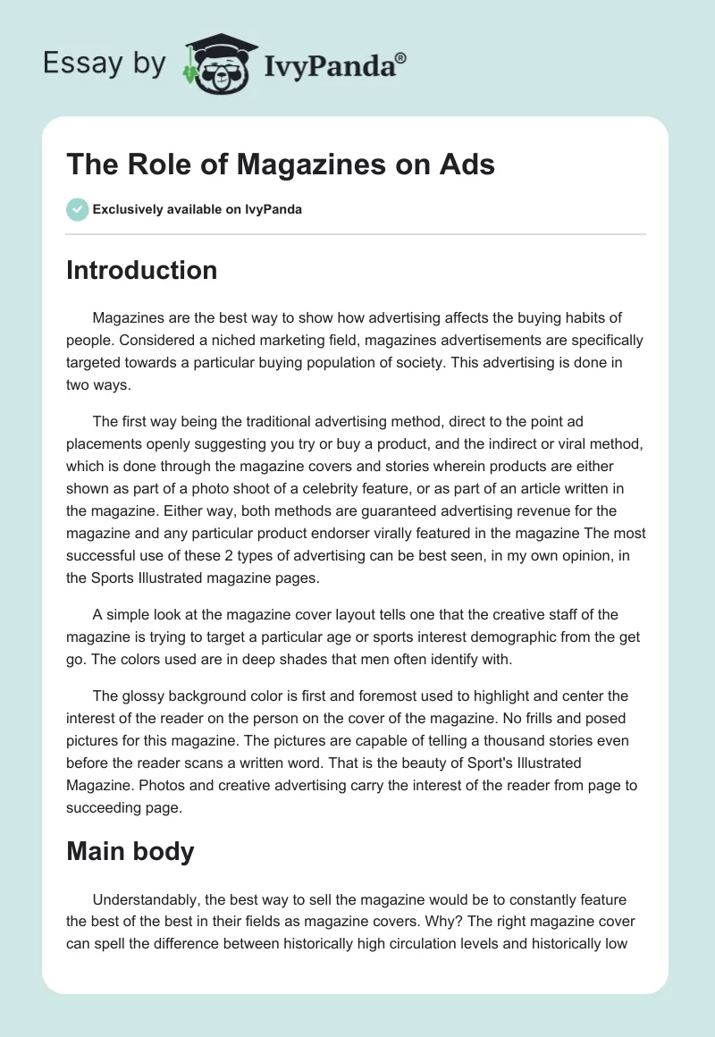 The Role of Magazines on Ads. Page 1