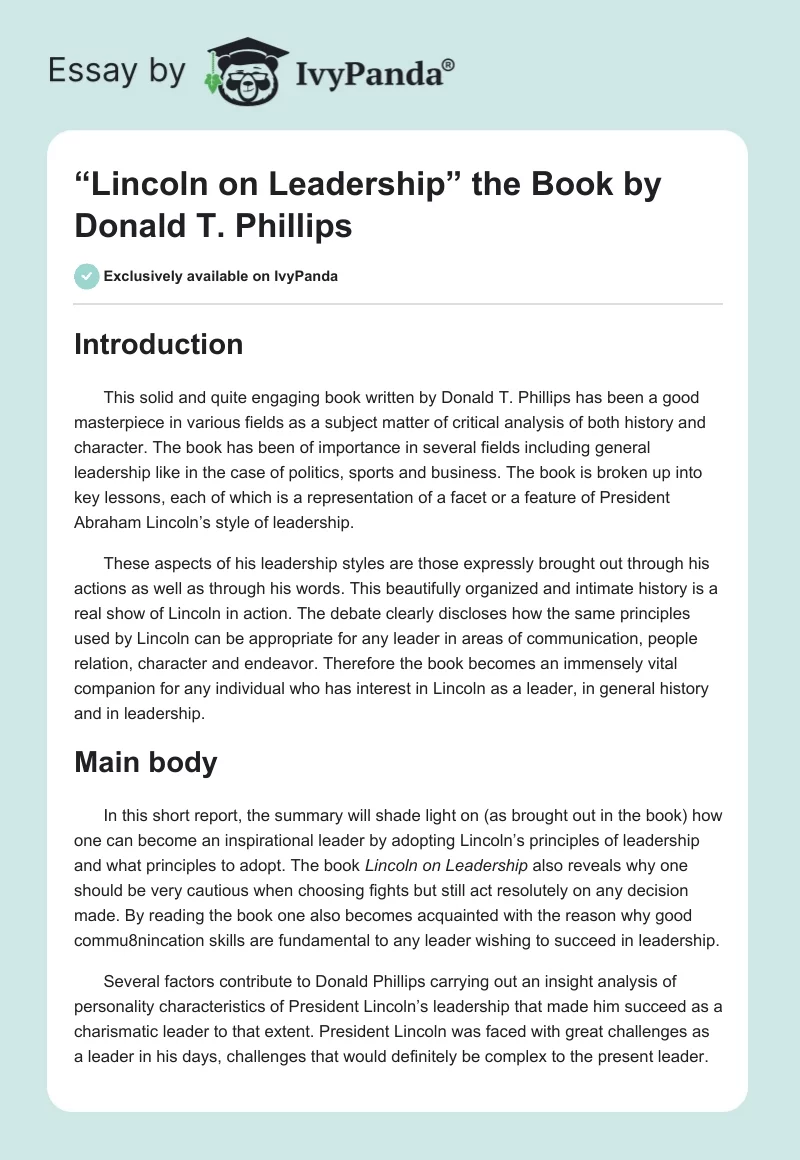 “Lincoln on Leadership” the Book by Donald T. Phillips. Page 1