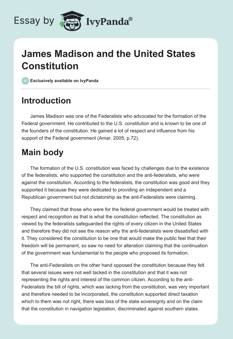 James Madison and the United States Constitution. Page 1