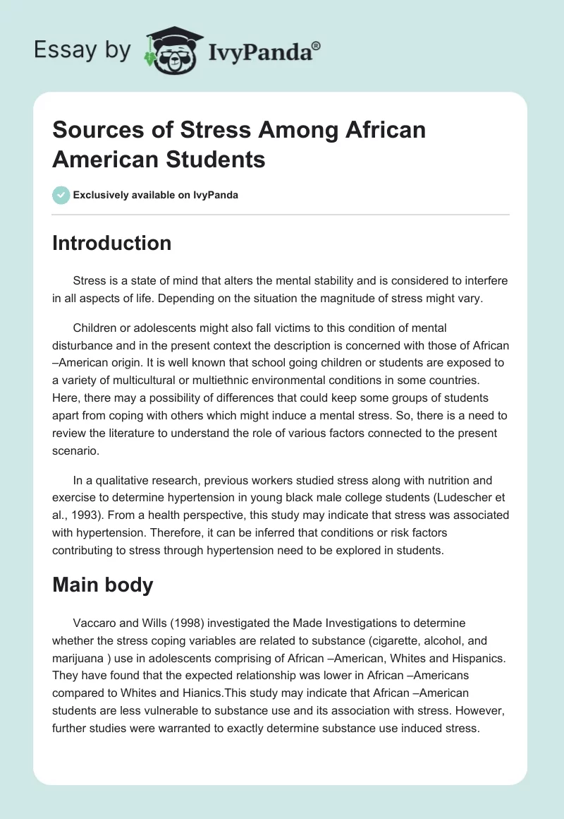 Sources of Stress Among African American Students. Page 1