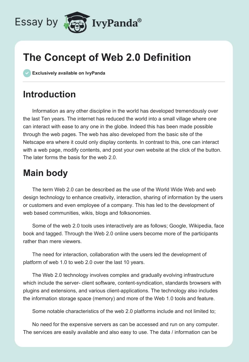 The Concept of Web 2.0 Definition. Page 1