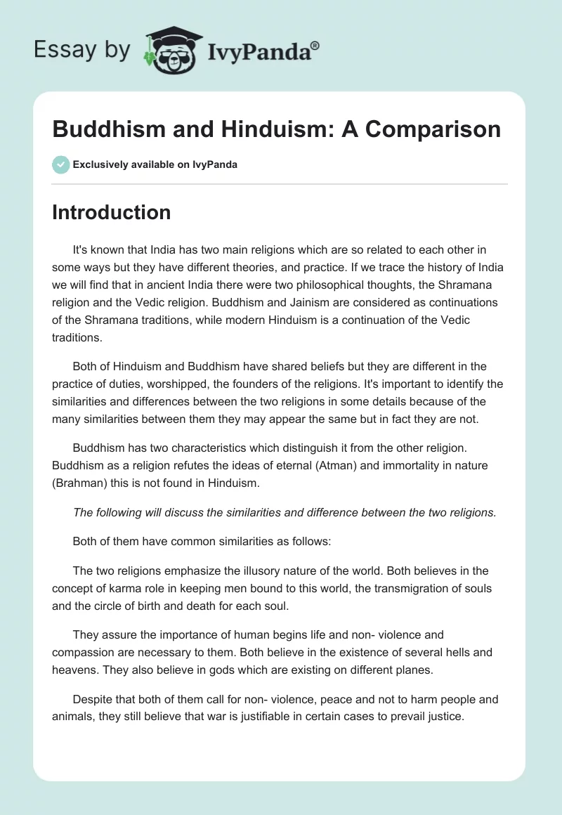 Buddhism and Hinduism: A Comparison. Page 1