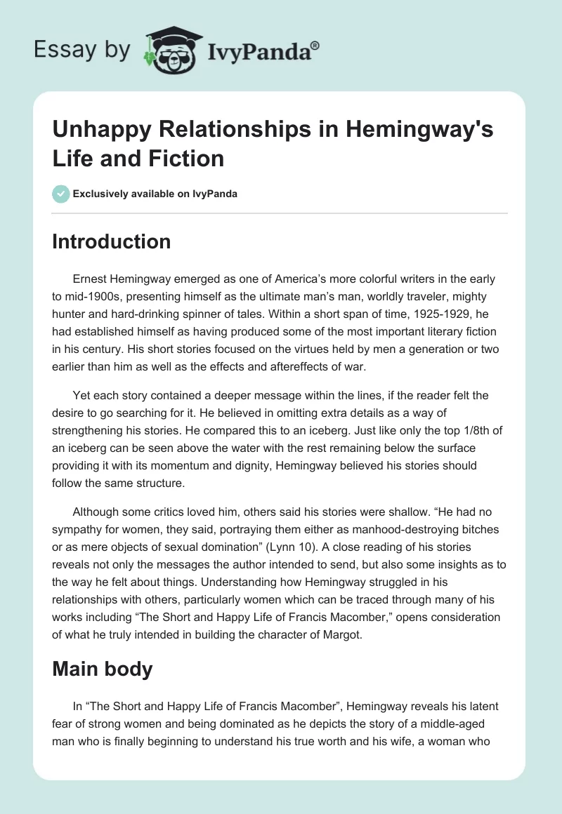 Unhappy Relationships in Hemingway's Life and Fiction. Page 1