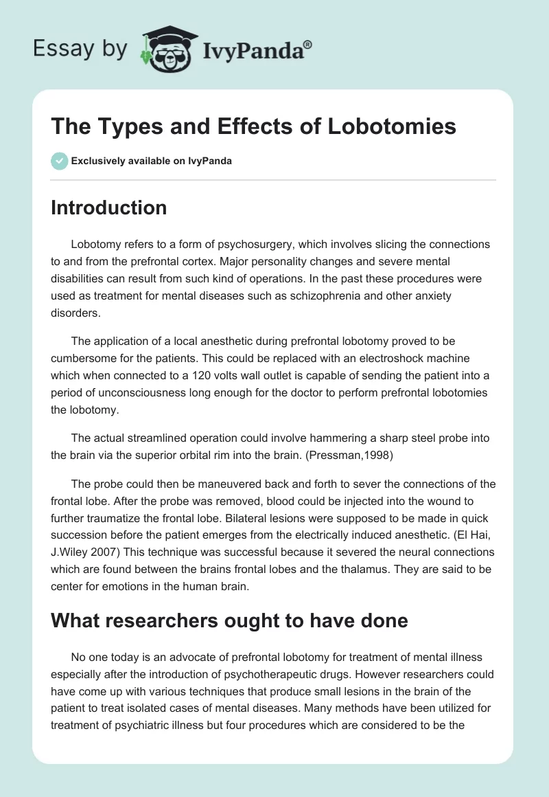 The Types and Effects of Lobotomies. Page 1