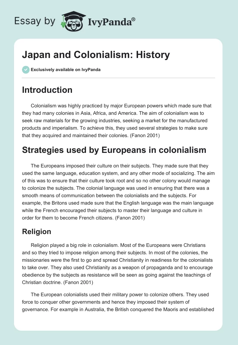 Japan and Colonialism: History. Page 1