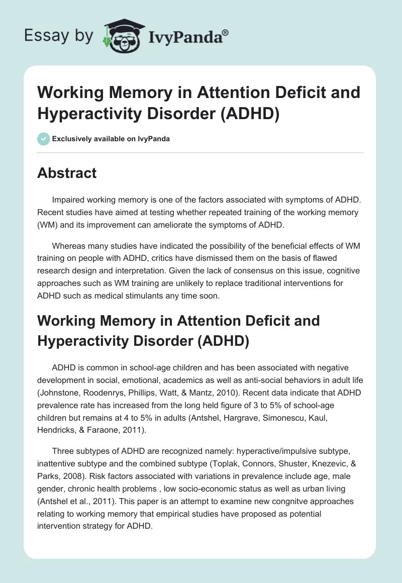 Working Memory in Attention Deficit and Hyperactivity Disorder (ADHD). Page 1