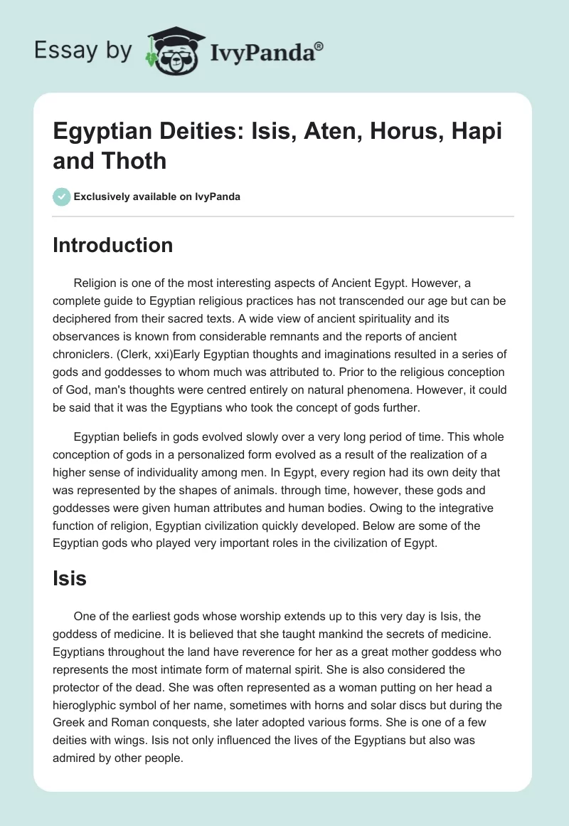 Egyptian Deities: Isis, Aten, Horus, Hapi and Thoth. Page 1