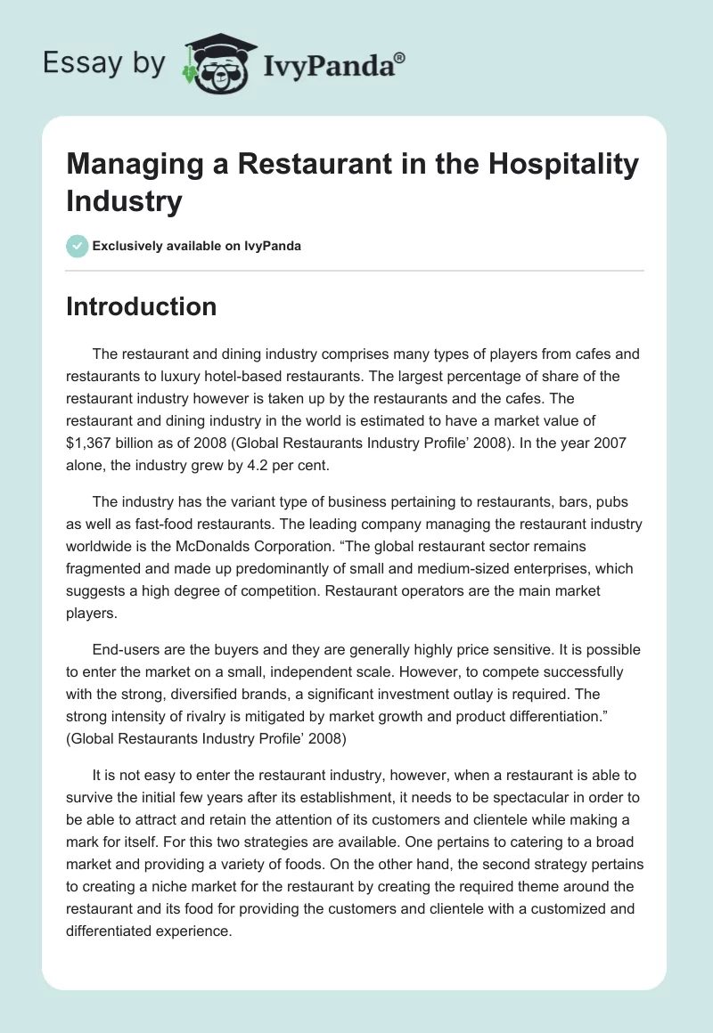 Managing a Restaurant in the Hospitality Industry. Page 1