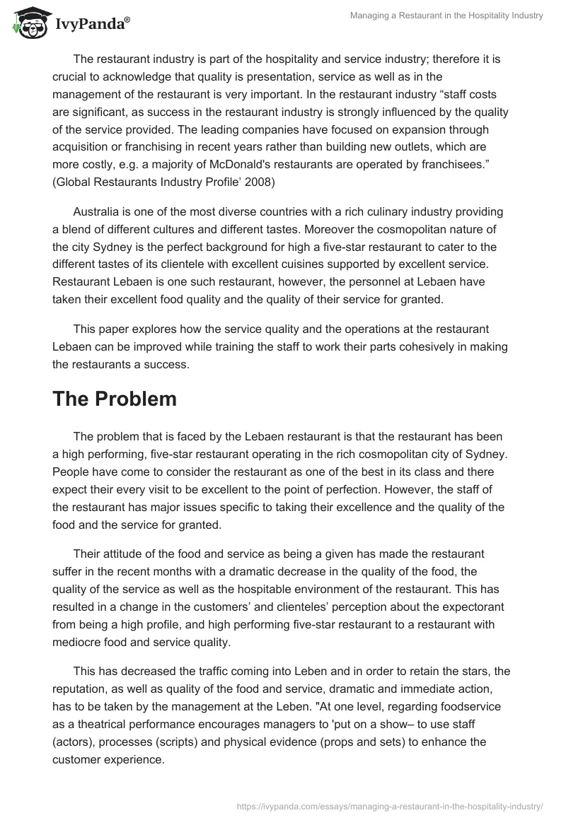 Managing a Restaurant in the Hospitality Industry. Page 2