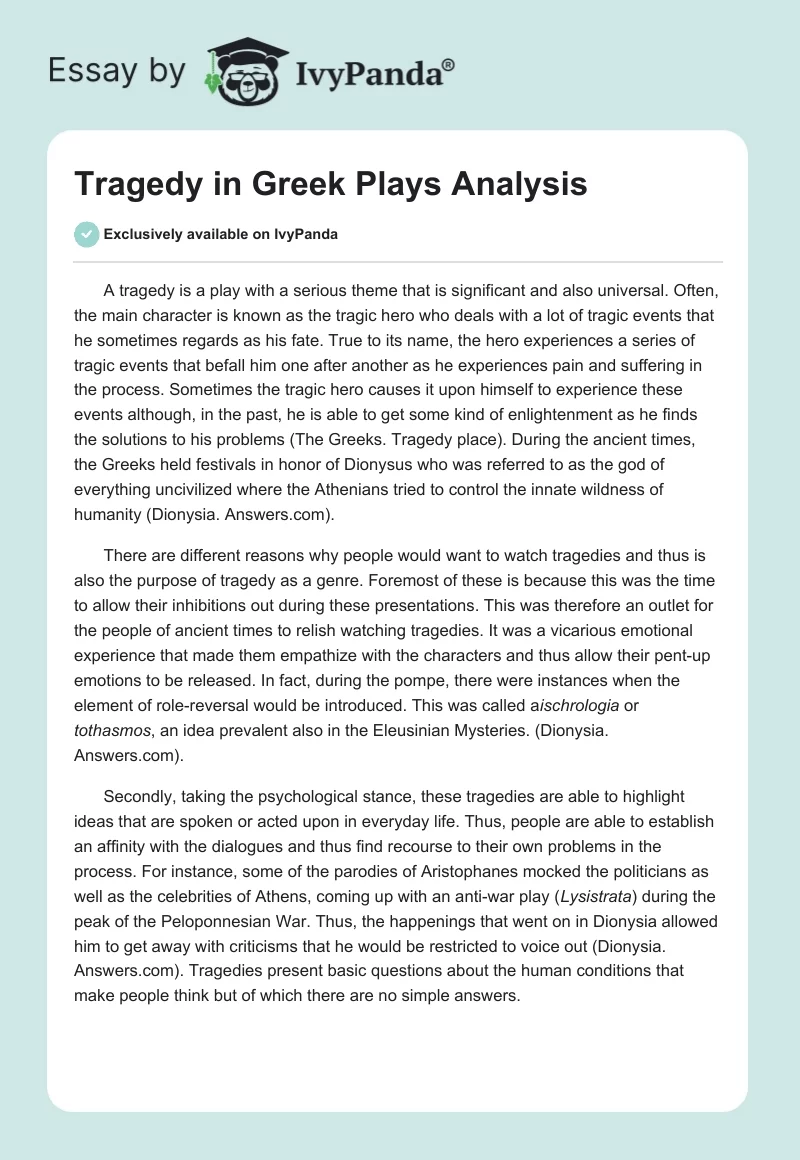 Tragedy in Greek Plays Analysis. Page 1