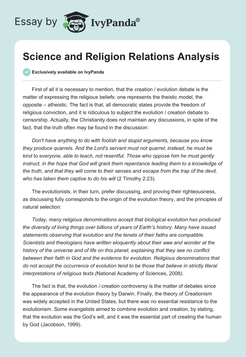 Science and Religion Relations Analysis. Page 1