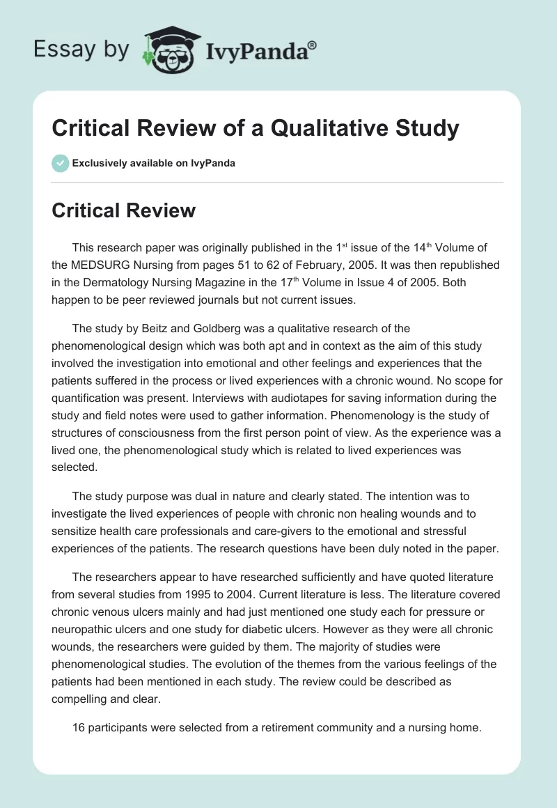 Critical Review of a Qualitative Study. Page 1