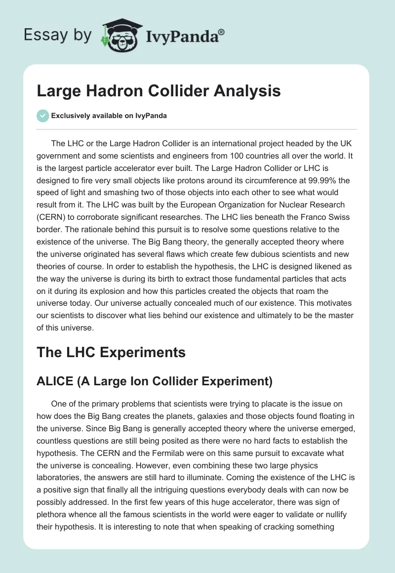 Large Hadron Collider Analysis. Page 1