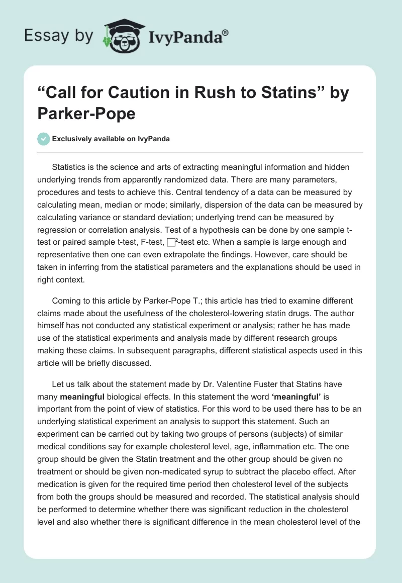 “Call for Caution in Rush to Statins” by Parker-Pope. Page 1