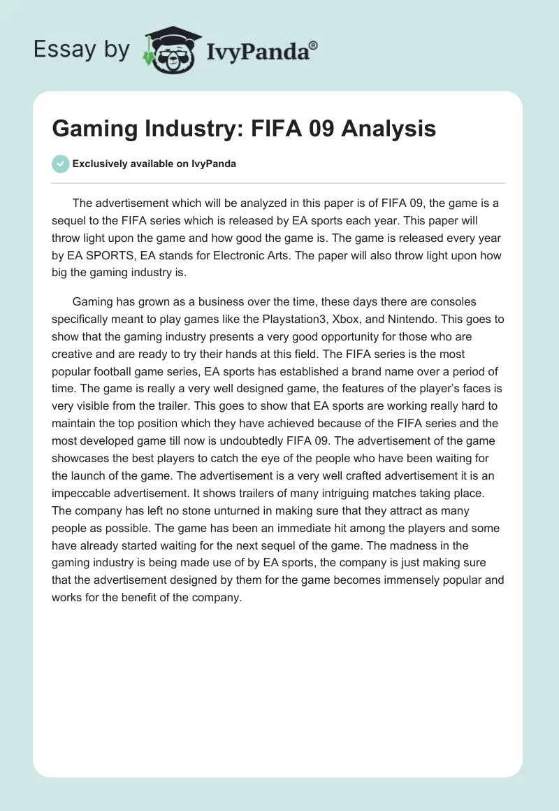 Gaming Industry: FIFA 09 Analysis. Page 1