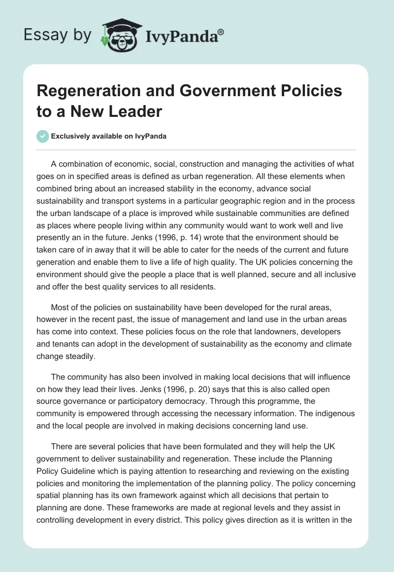 Regeneration and Government Policies to a New Leader. Page 1