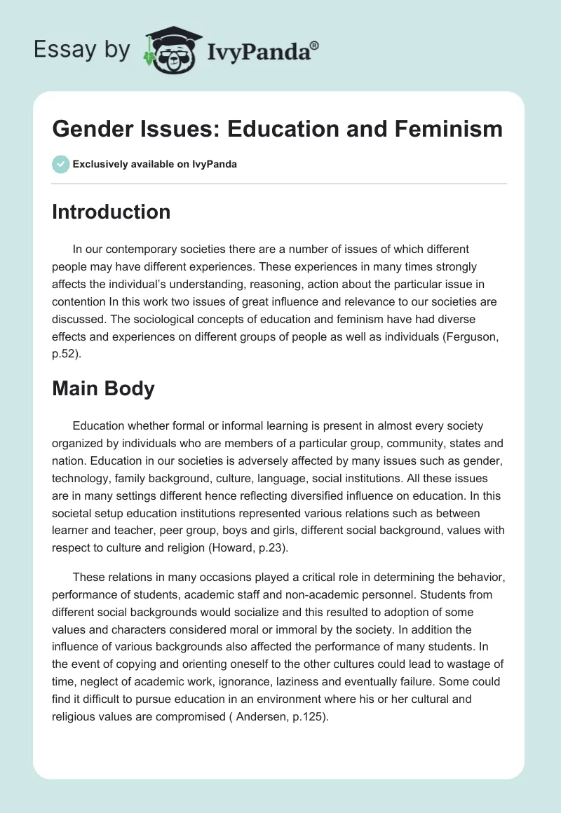 Gender Issues: Education and Feminism. Page 1