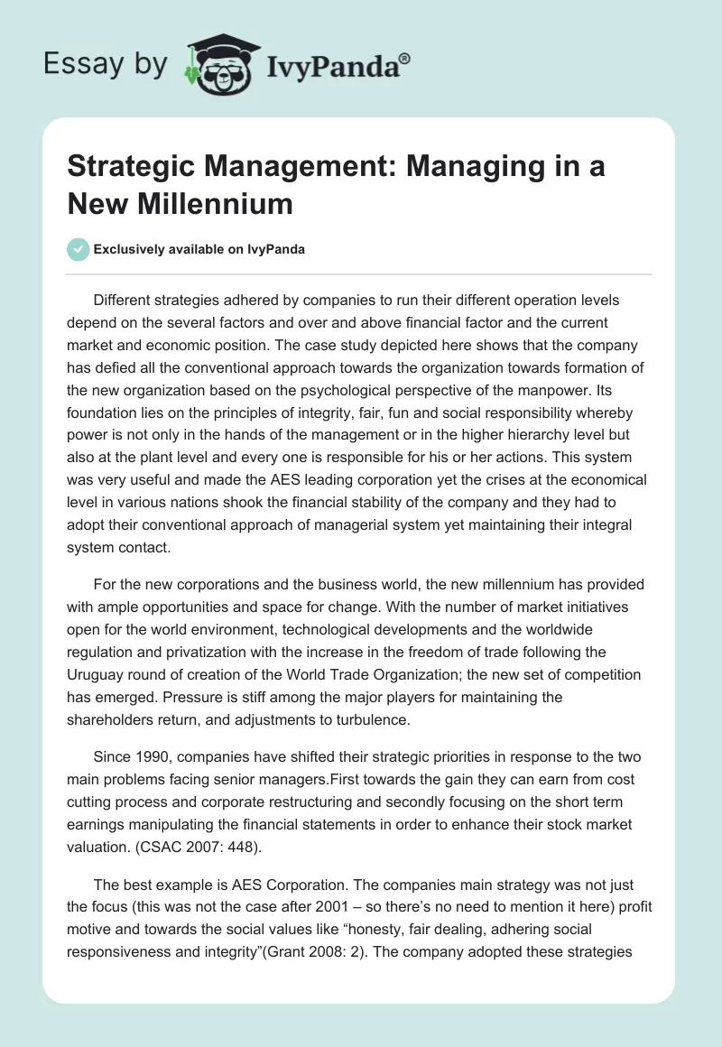 Strategic Management: Managing in a New Millennium. Page 1