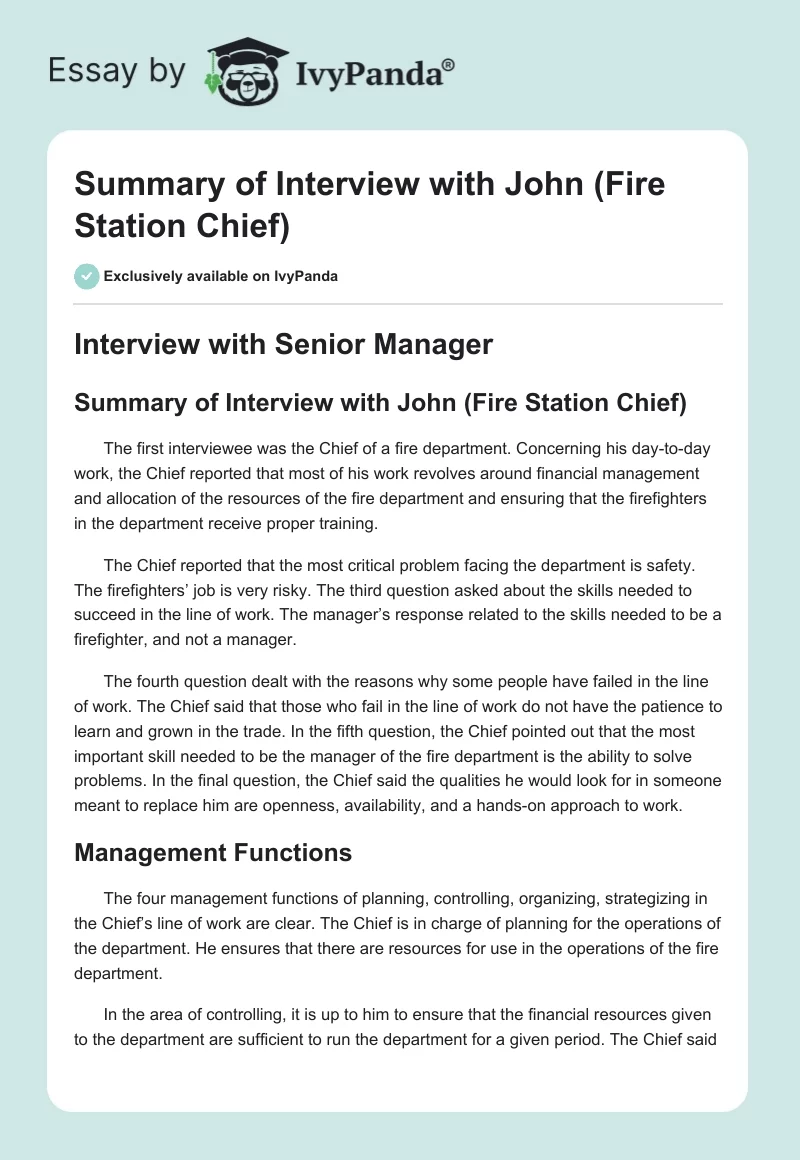 Summary of Interview with John (Fire Station Chief). Page 1