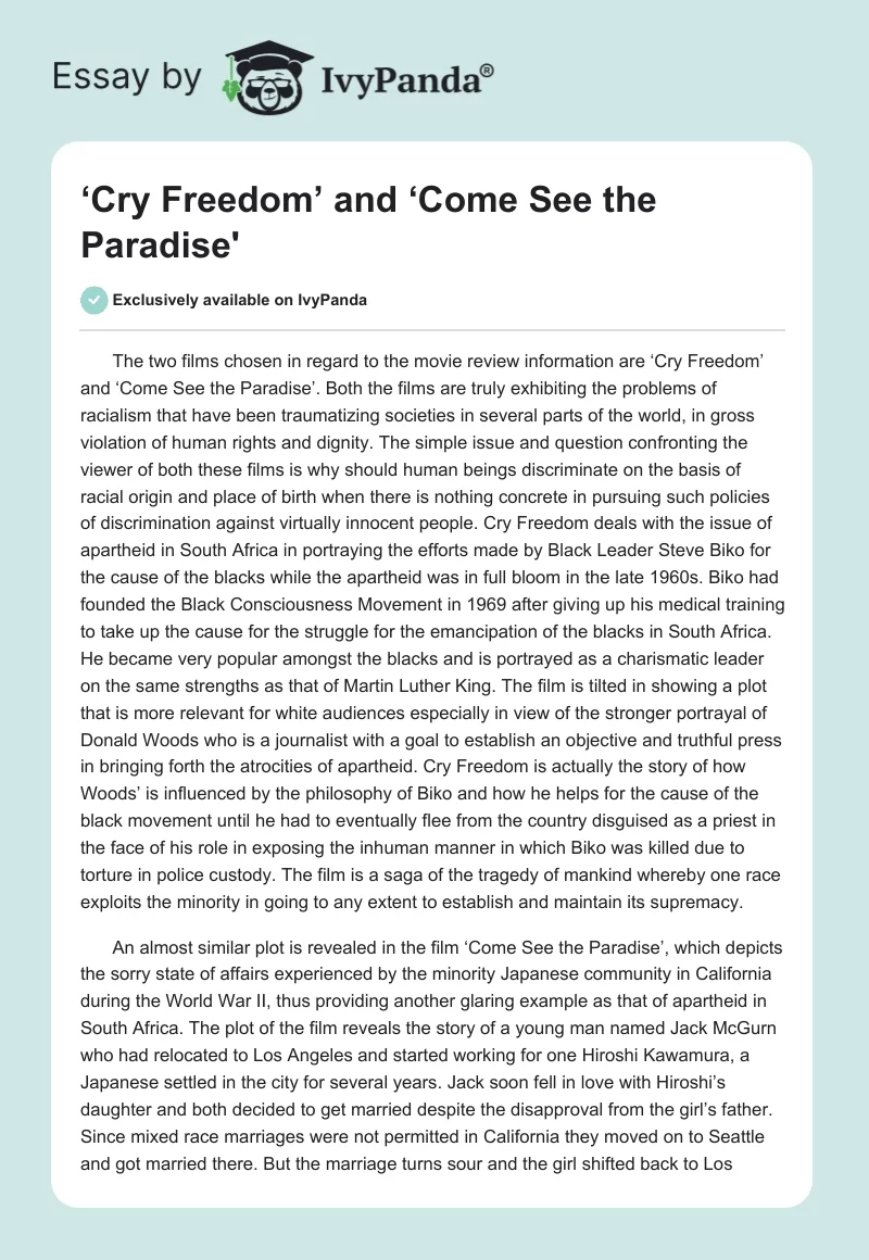 ‘Cry Freedom’ and ‘Come See the Paradise'. Page 1