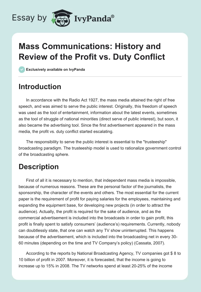 Mass Communications: History and Review of the Profit vs. Duty Conflict. Page 1