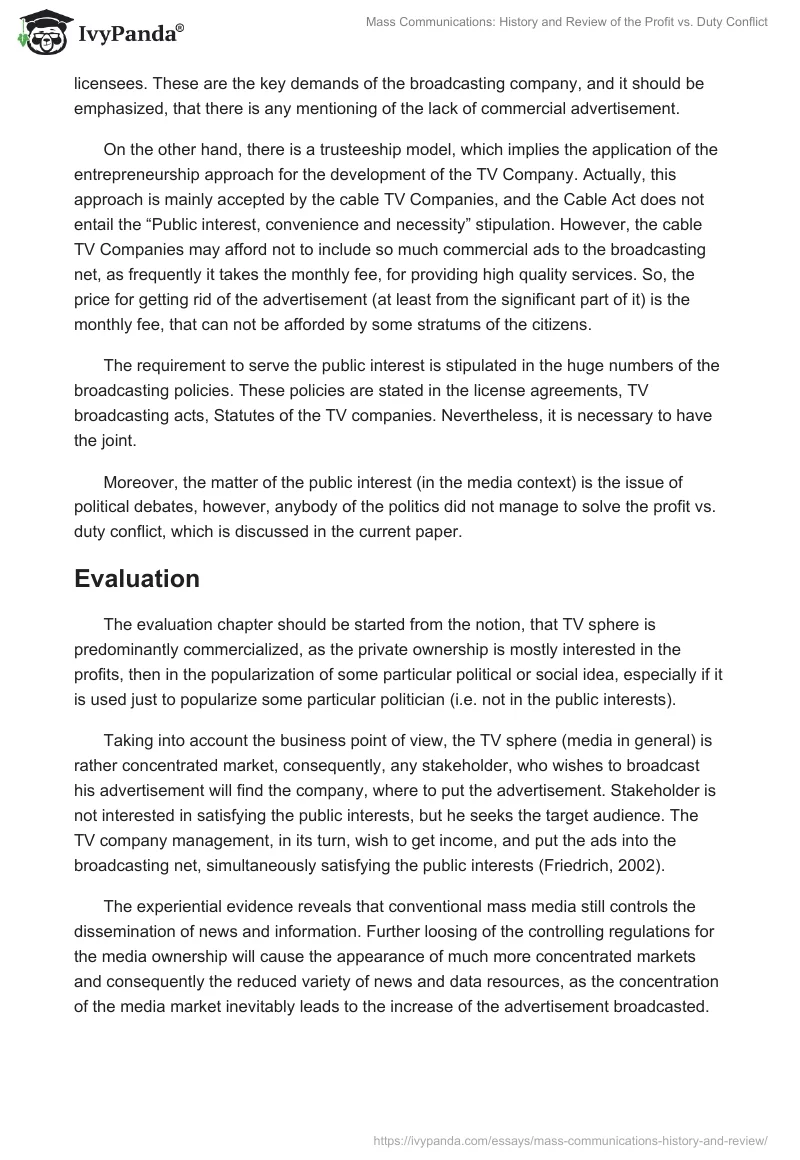 Mass Communications: History and Review of the Profit vs. Duty Conflict. Page 3