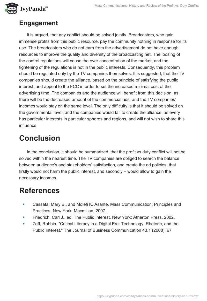 Mass Communications: History and Review of the Profit vs. Duty Conflict. Page 4