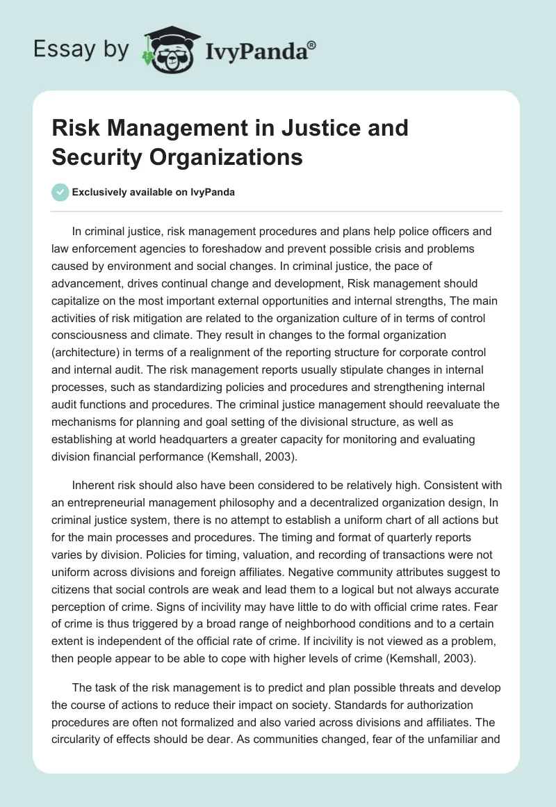 Risk Management in Justice and Security Organizations. Page 1