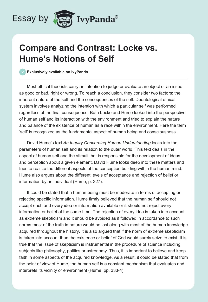 Compare and Contrast: Locke vs. Hume’s Notions of Self. Page 1