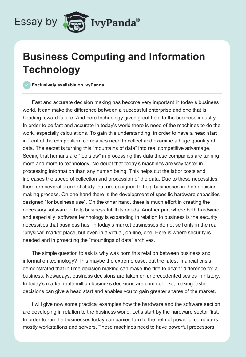 Business Computing and Information Technology - 974 Words | Article Example