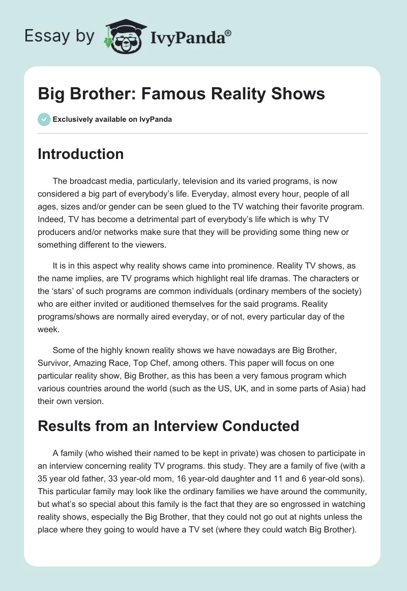 Big Brother: Famous Reality Shows. Page 1