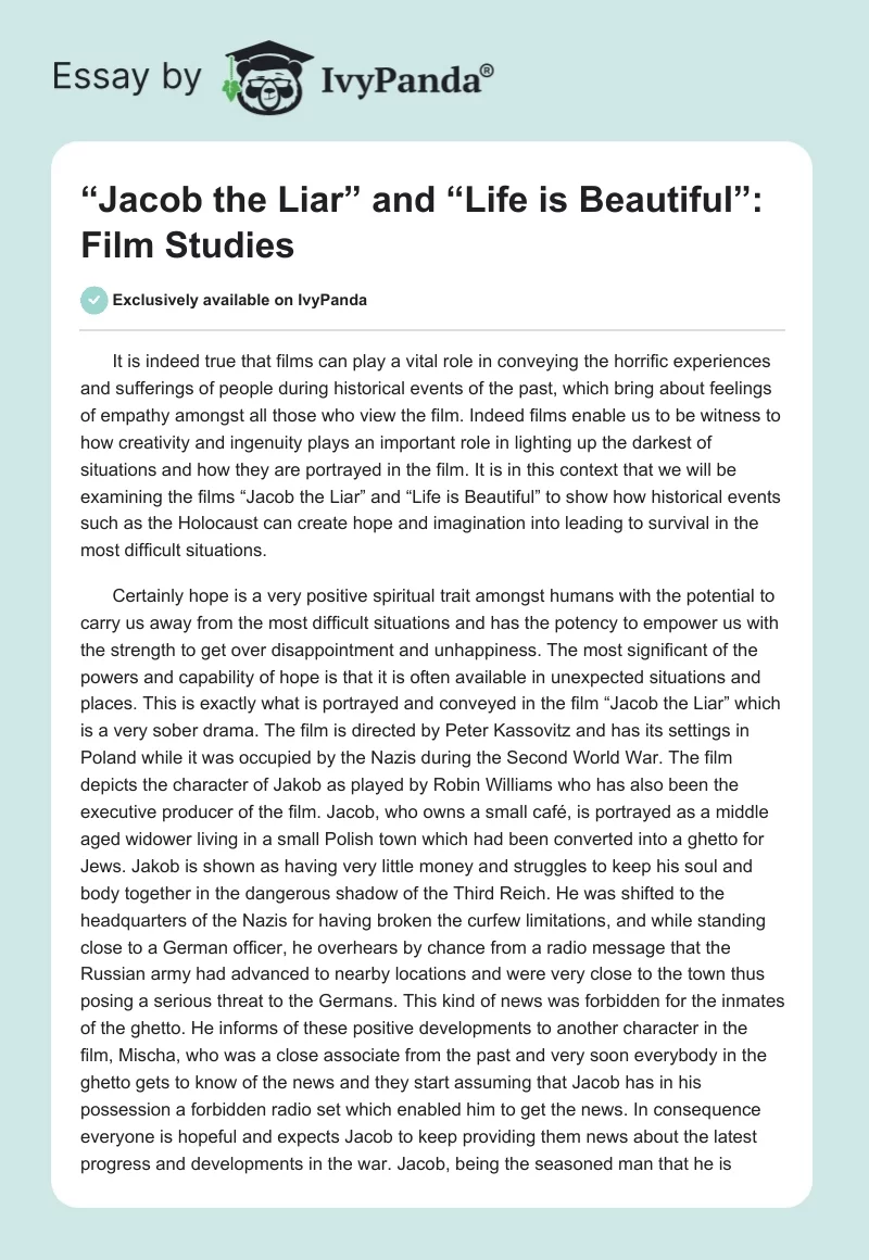 “Jacob the Liar” and “Life is Beautiful”: Film Studies. Page 1