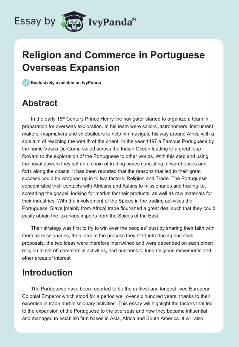Religion and Commerce in Portuguese Overseas Expansion. Page 1