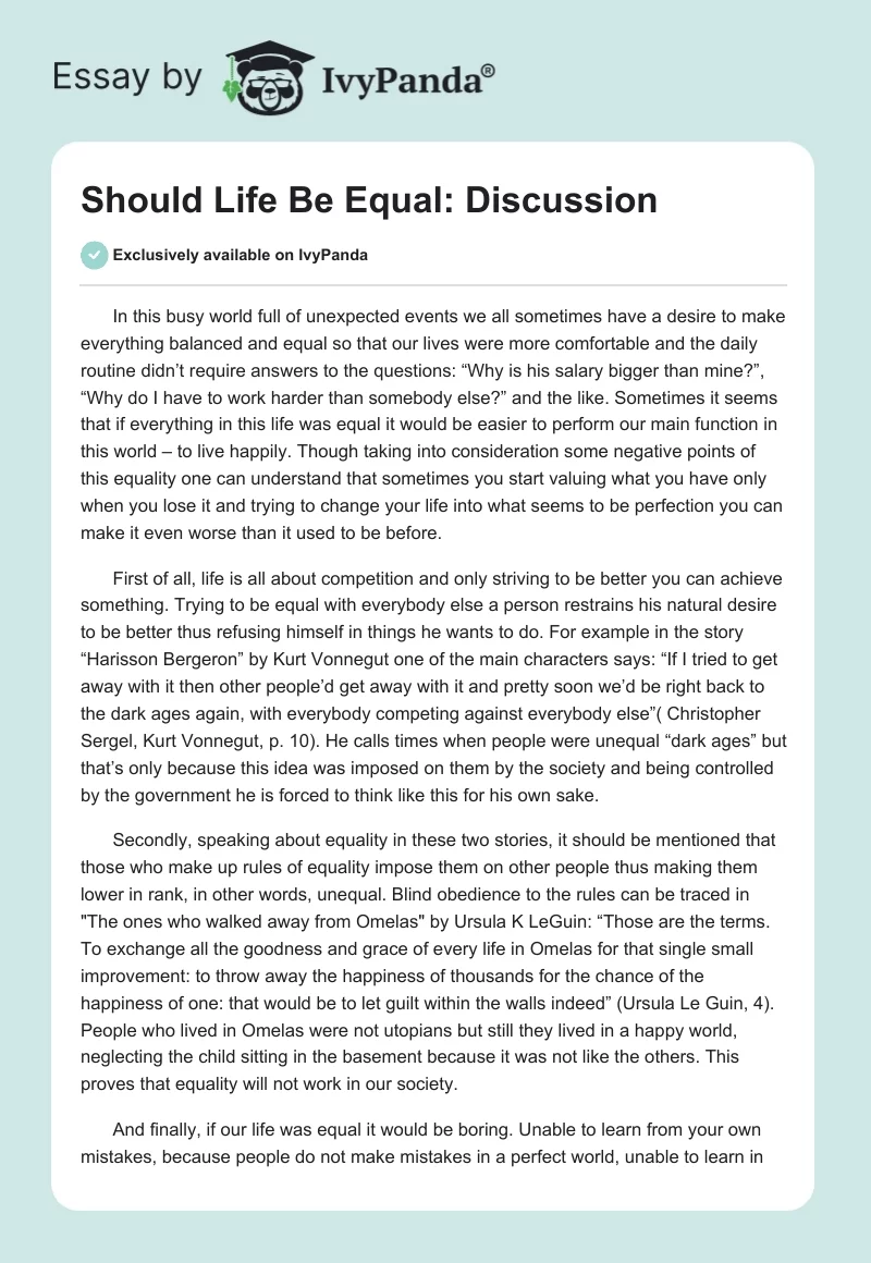 Should Life Be Equal: Discussion. Page 1
