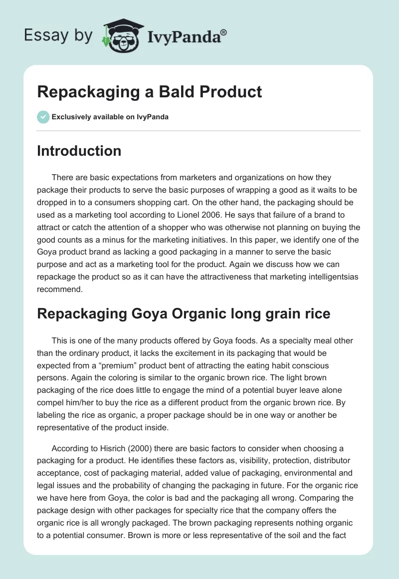 Repackaging a Bald Product. Page 1