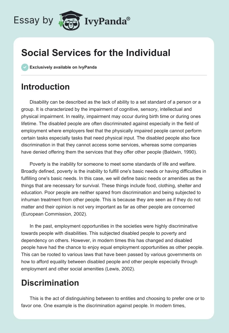 Social Services for the Individual. Page 1