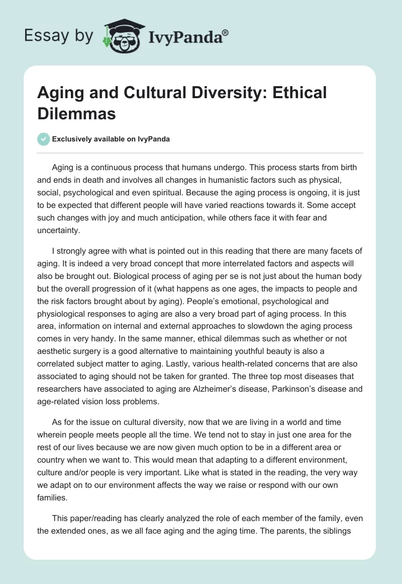 Aging and Cultural Diversity: Ethical Dilemmas. Page 1