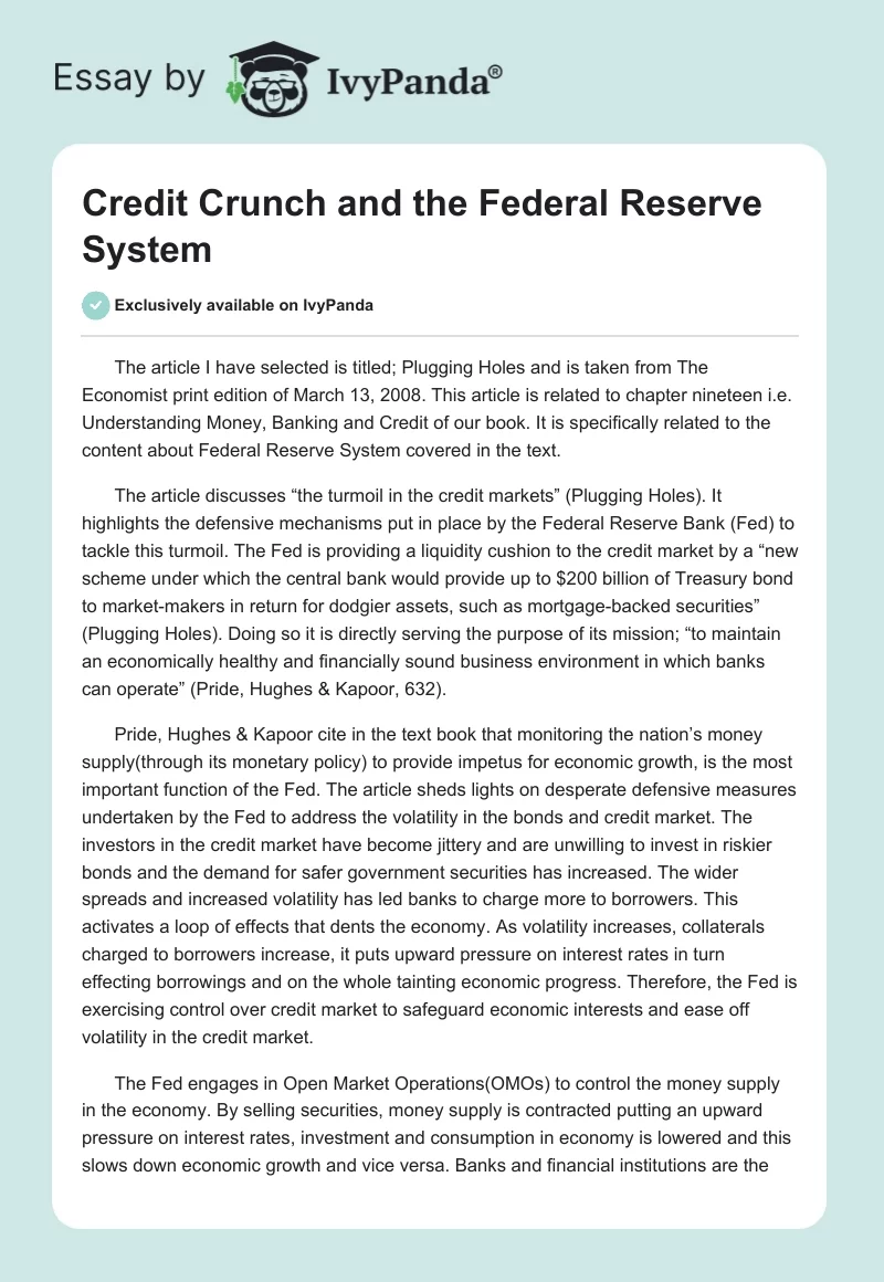 Credit Crunch and the Federal Reserve System. Page 1