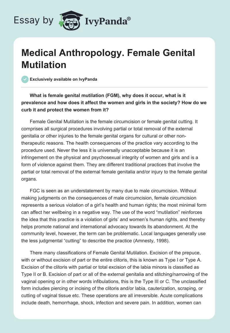 Medical Anthropology. Female Genital Mutilation. Page 1
