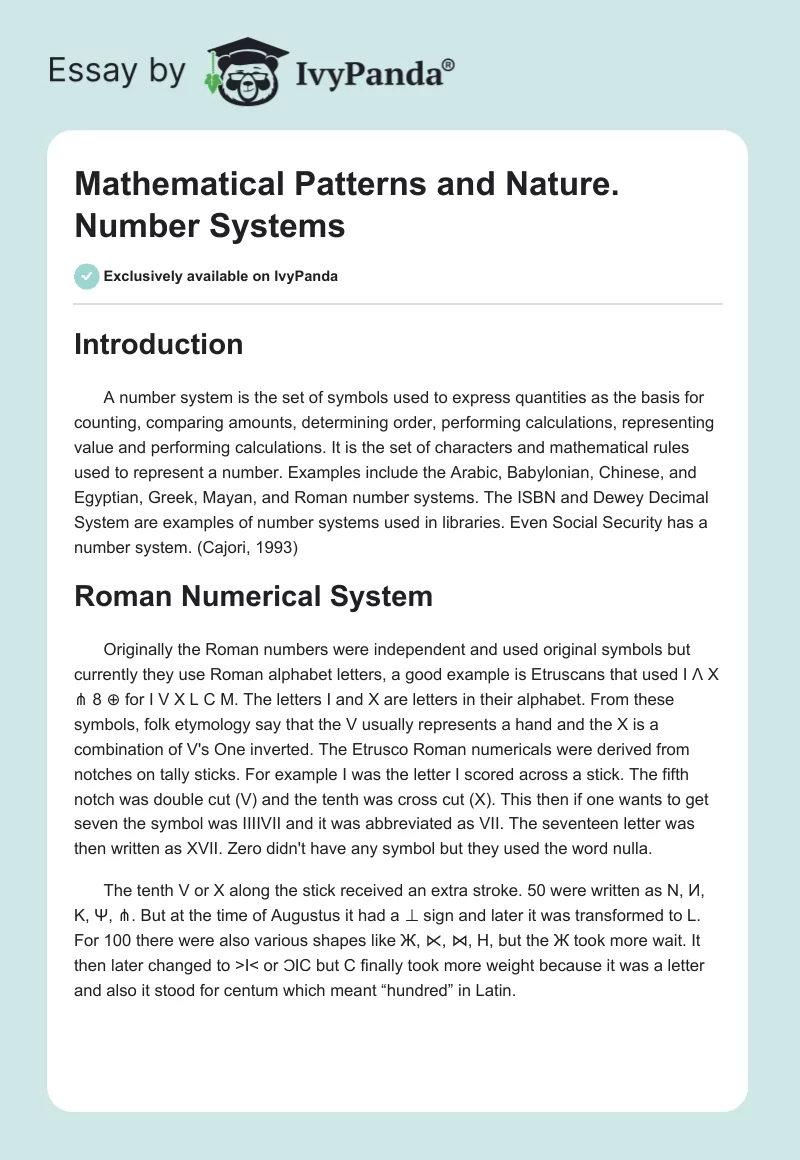 Mathematical Patterns and Nature. Number Systems. Page 1