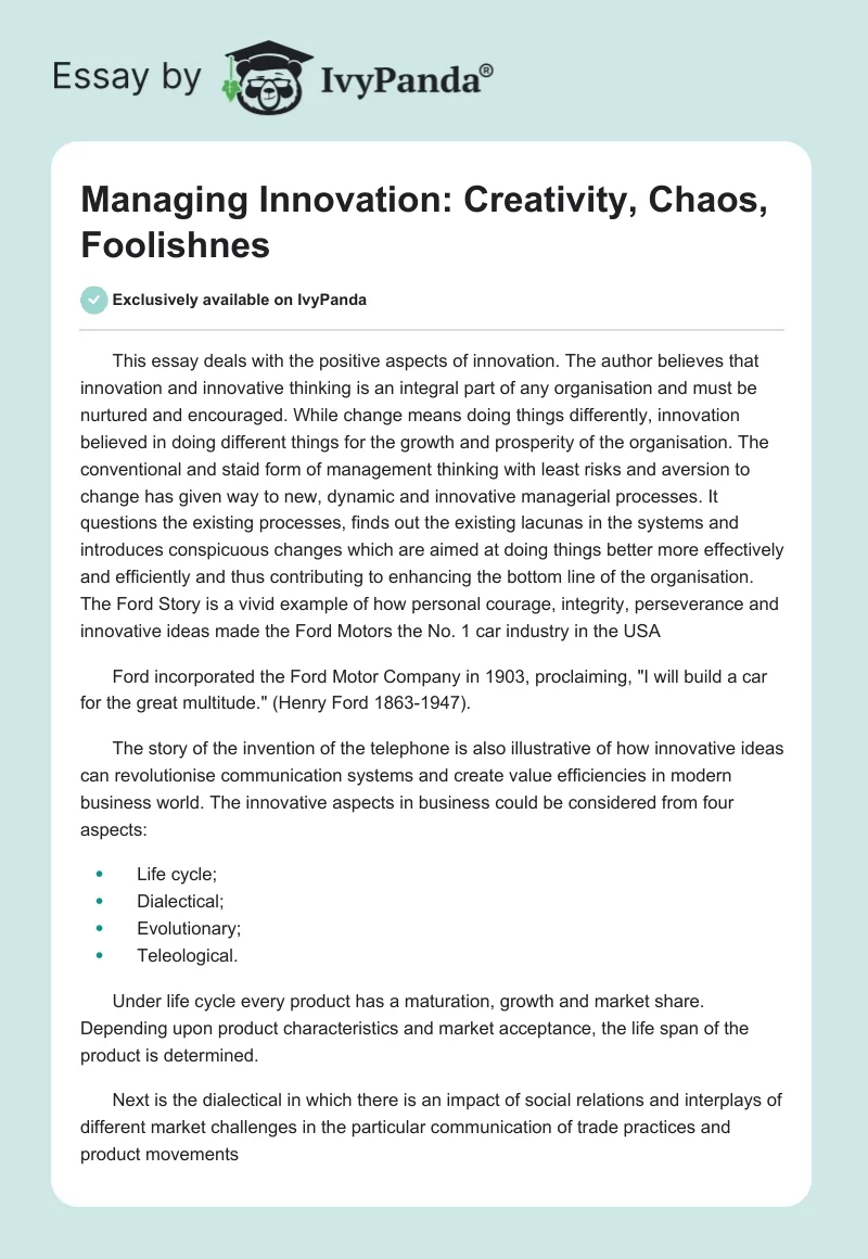 Managing Innovation: Creativity, Chaos, Foolishnes. Page 1