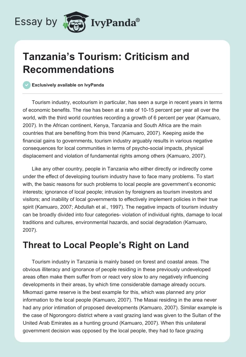 Tanzania’s Tourism: Criticism and Recommendations. Page 1