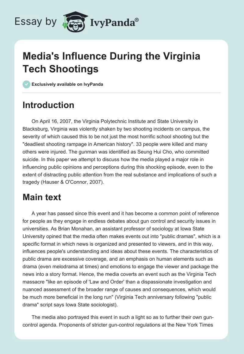 Media's Influence During the Virginia Tech Shootings. Page 1